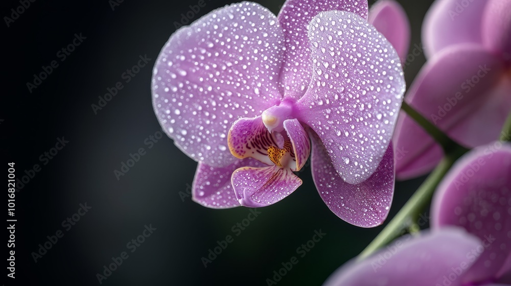 A tight shot of a purple flower, adorned with dewdrops, against a green foreground stem A tight shot of a purple flower, adorned with dewdrops, against a green foreground stem