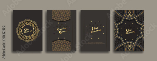 islamic greetings ramadan mubarak card set with islamic ornament and crescent moon
