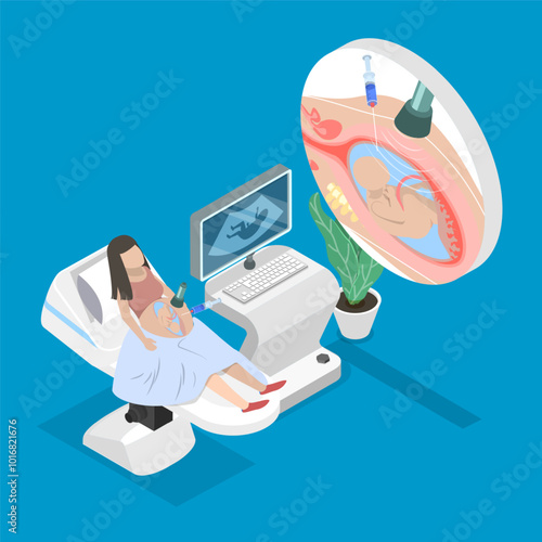 3D Isometric Flat Vector Illustration of Amniocentesis Diagnostic Test, Genetic Disorders And Fetal Abnormalities