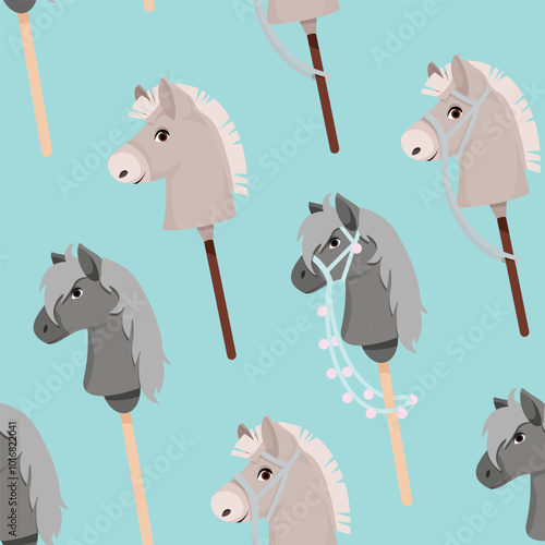 Seamless pattern of toy horse heads for hobbyhorsing on blue background