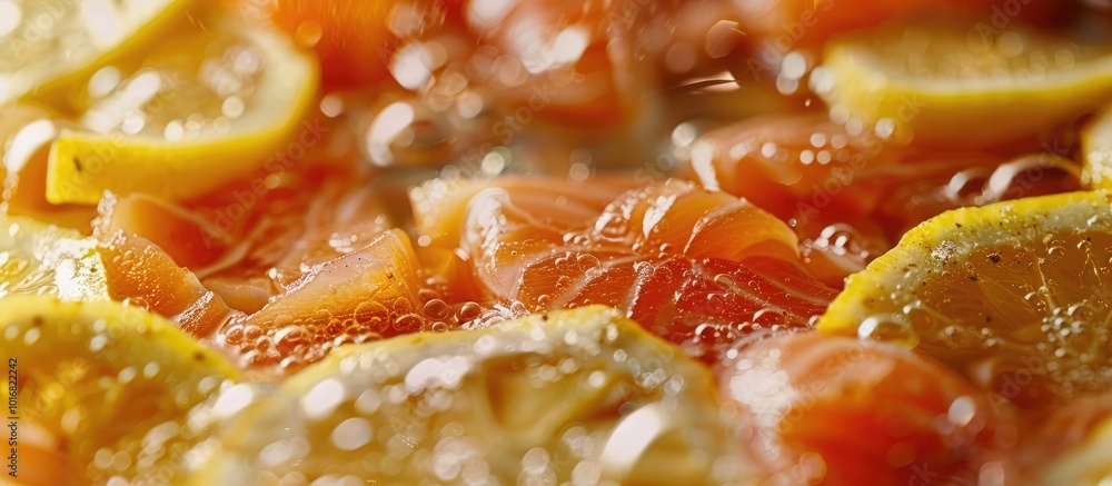 Raw Salmon Slices Marinated in Lemon Juice Healthy Meal Closeup Raw Salmon Slices Marinated in Lemon Juice Healthy Meal Closeup