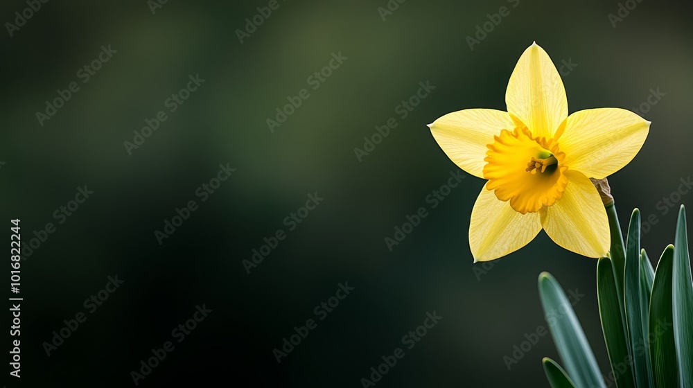 Fototapeta premium A yellow daffodil flower with green leaves in sharp focus, against a softly blurred green background