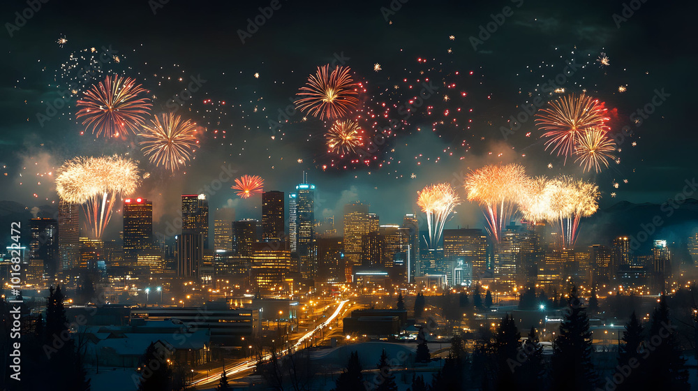 Obraz premium Vibrant city skyline illuminated by colorful fireworks against a dark night sky, showcasing urban life and celebration.