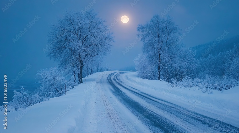 Fototapeta premium Snowy Road Under a Full Moon