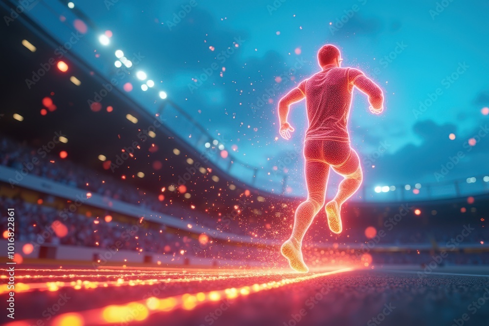 Futuristic Neon Runner on Stadium Track Futuristic Neon Runner on Stadium Track