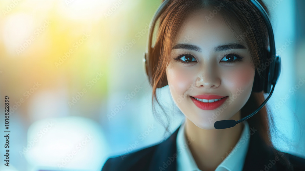 Smiling Asian businesswoman in a suit and headset, engaged with her computer in a modern office setting, exuding professionalism and confidence Smiling Asian businesswoman in a suit and headset, engaged with her computer in a modern office setting, exuding professionalism and confidence