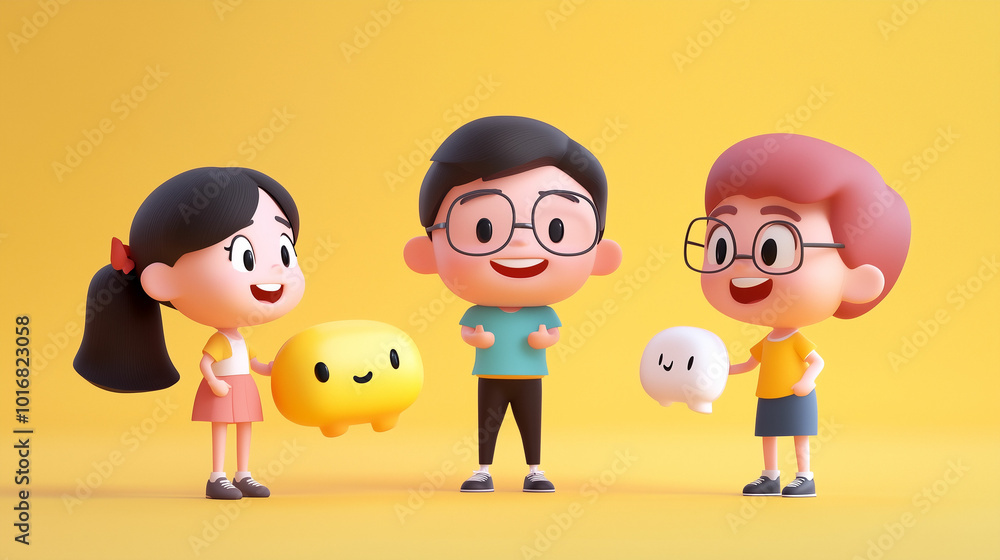 Fototapeta premium Cartoonish characters learn together in a bright setting while using fun language learning tools