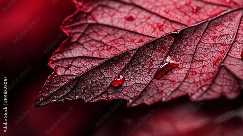 Fototapeta premium A red background features a tight shot of a red leaf dotted with water droplets on its surface