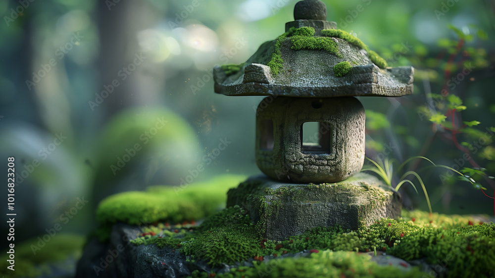 Japanese stone lantern in serene moss garden
Japanese stone lantern in serene moss garden