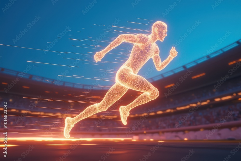 Futuristic Neon Runner on Stadium Track Futuristic Neon Runner on Stadium Track
