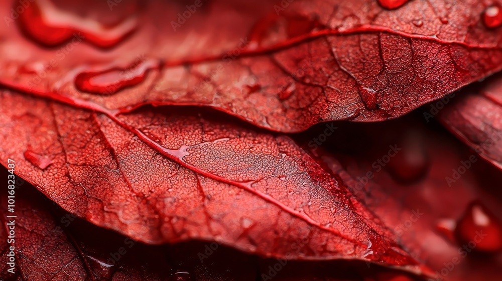 Fototapeta premium A red leaf with water drops at its ends and underrunning greener leaves behind