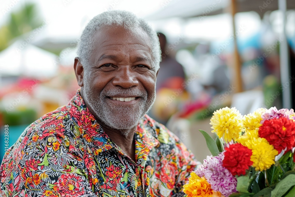 Smiling Senior Man in Floral Shirt Holding Bouquet of Flowers Smiling Senior Man in Floral Shirt Holding Bouquet of Flowers