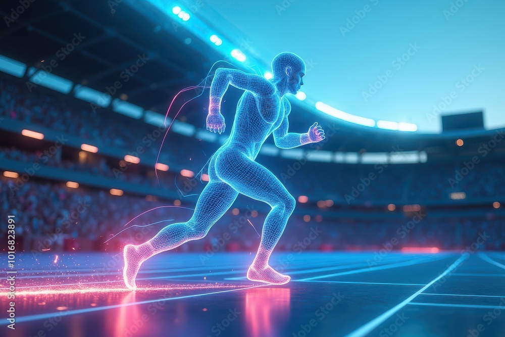 Futuristic Neon Runner on Stadium Track Futuristic Neon Runner on Stadium Track