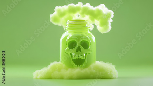 Cartoonish poison bottle bubbling with skull-shaped smoke, set against a sickly green backdrop, creating a whimsical yet eerie atmosphere.