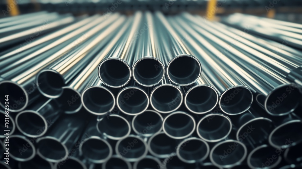 high quality Galvanized steel pipe or Aluminum and chrome stainless pipes in a storage area in a steel industry plant, waiting for shipment in warehouse high quality Galvanized steel pipe or Aluminum and chrome stainless pipes in a storage area in a steel industry plant, waiting for shipment in warehouse