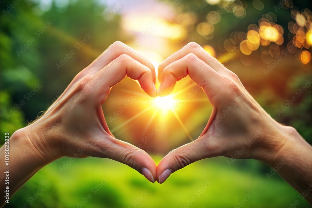 Hands forming heart shape against sunset sky symbolizing love Hands forming heart shape against sunset sky symbolizing love