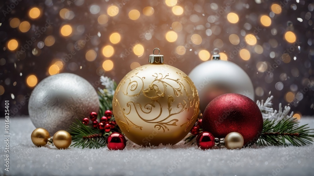 A beautiful Christmas scene red and gold ornaments, and a snowy background. Sparkling lights add a magical touch A beautiful Christmas scene red and gold ornaments, and a snowy background. Sparkling lights add a magical touch