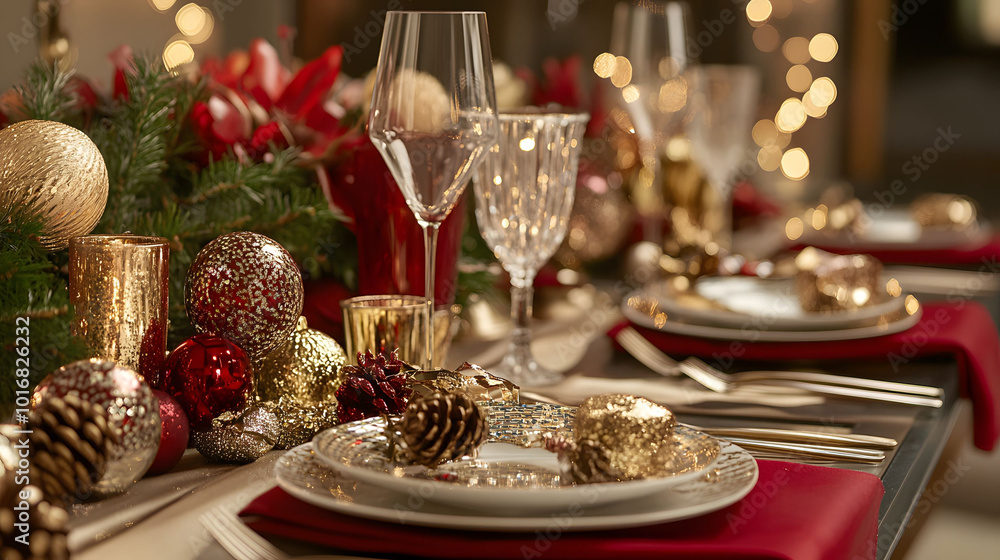 Naklejka premium New Year's Eve Celebration Table, adorned with vibrant party favors, sparkling decorations, ready for a joyful gathering and festivities.