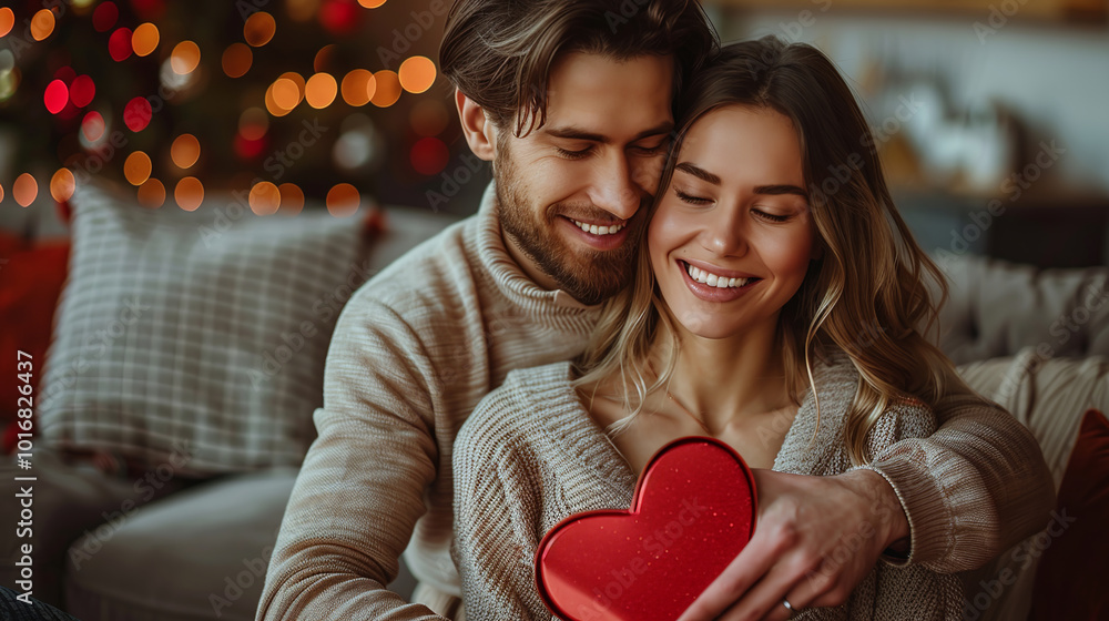Young couple smiling and holding a red heart, enjoying a romantic evening at home Young couple smiling and holding a red heart, enjoying a romantic evening at home