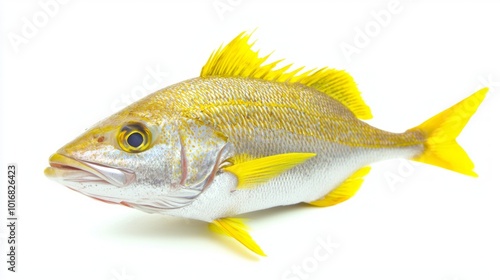 striking Yellowtail Snapper showcases its vivid yellow fins and unique facial characteristics against a clean white backdrop. A perfect representation of this species. photo