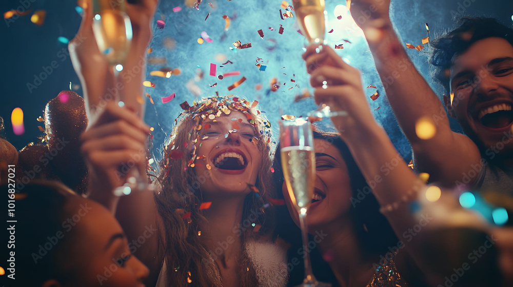 Midnight Celebration with Friends, joyful gathering, champagne toasts, colorful confetti, laughter and cheer, welcoming a new year together Midnight Celebration with Friends, joyful gathering, champagne toasts, colorful confetti, laughter and cheer, welcoming a new year together