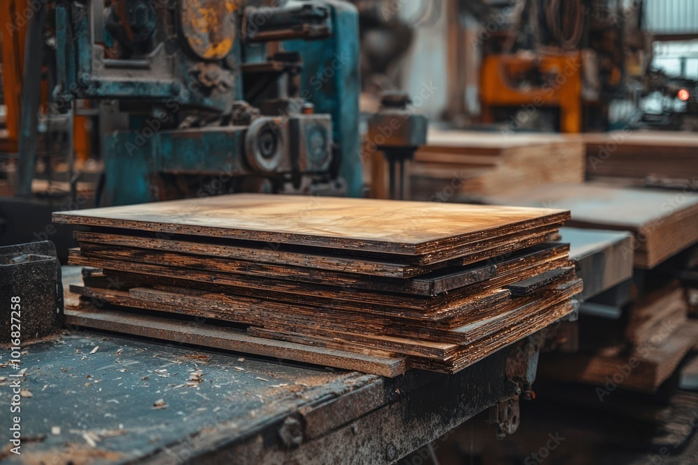 Stack of Wooden Panels on a Table in a Workshop Stack of Wooden Panels on a Table in a Workshop