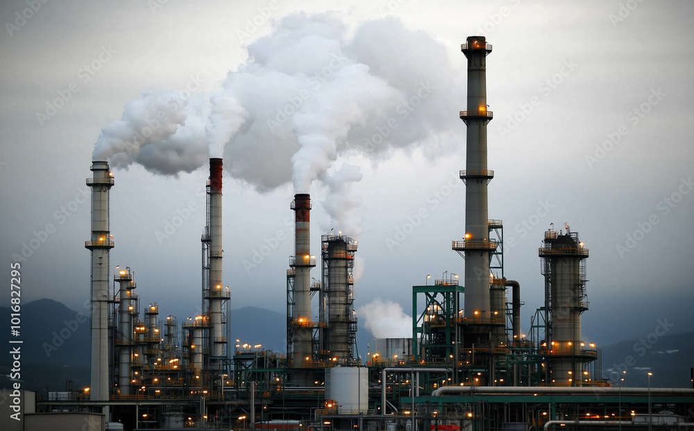 Industrial refinery with multiple chimneys emitting smoke into the air. Large complex of machinery and towers with pollution visible against a cloudy sky Industrial refinery with multiple chimneys emitting smoke into the air. Large complex of machinery and towers with pollution visible against a cloudy sky