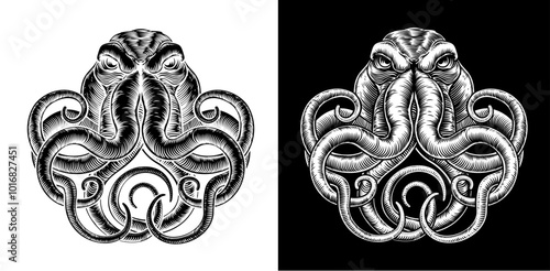 An octopus or cthulhu tattoo style woodcut kraken mascot squid concept photo