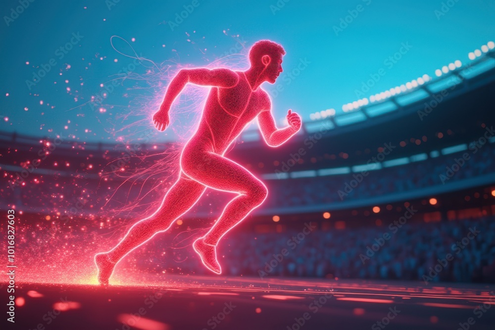 Fototapeta premium Futuristic Neon Runner on Stadium Track