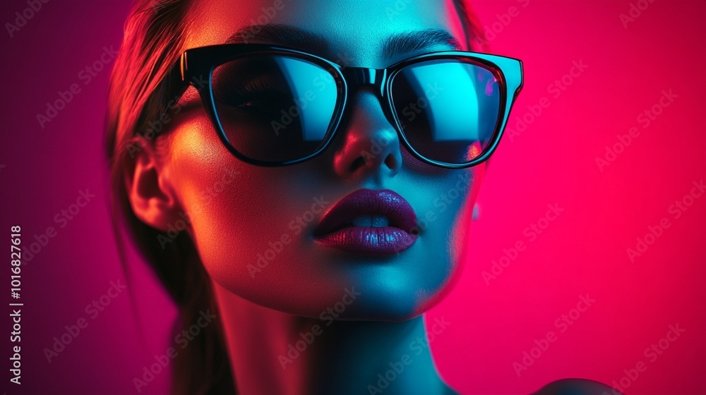 Neon-lit portrait showcasing a woman in sunglasses, her face bathed in vibrant pink and blue hues, creating a striking contrast and futuristic ambiance. Neon-lit portrait showcasing a woman in sunglasses, her face bathed in vibrant pink and blue hues, creating a striking contrast and futuristic ambiance.