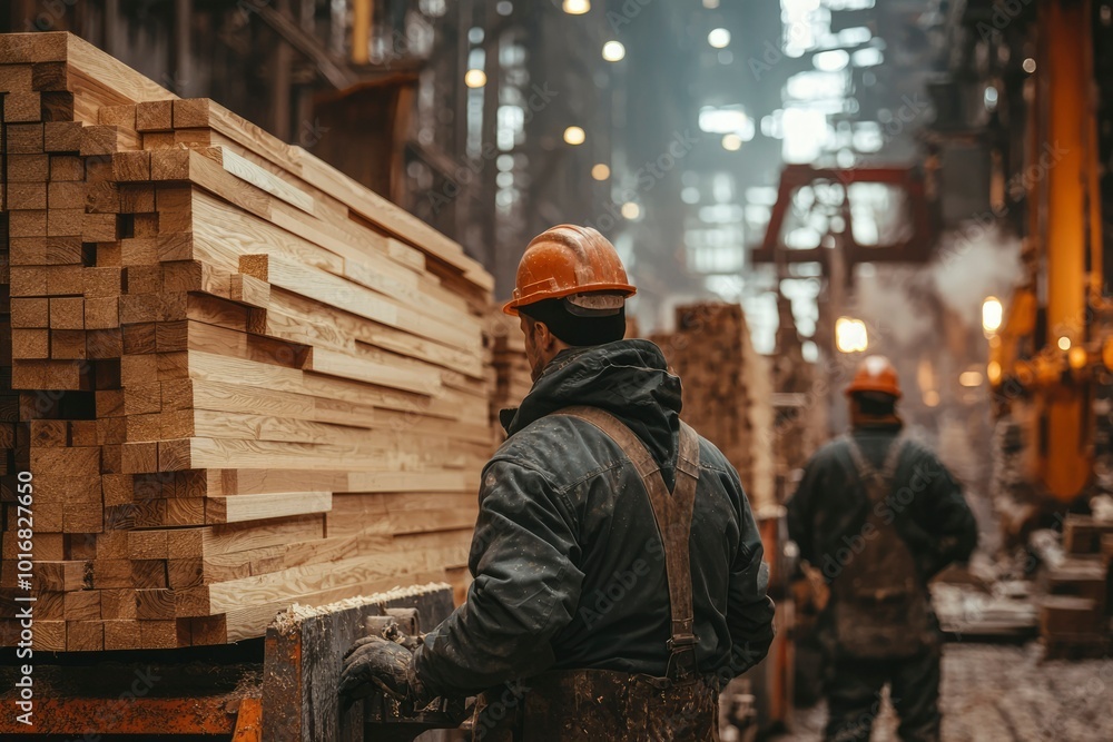 Worker in a Hardhat Stands Near a Stack of Wood in a Factory Worker in a Hardhat Stands Near a Stack of Wood in a Factory