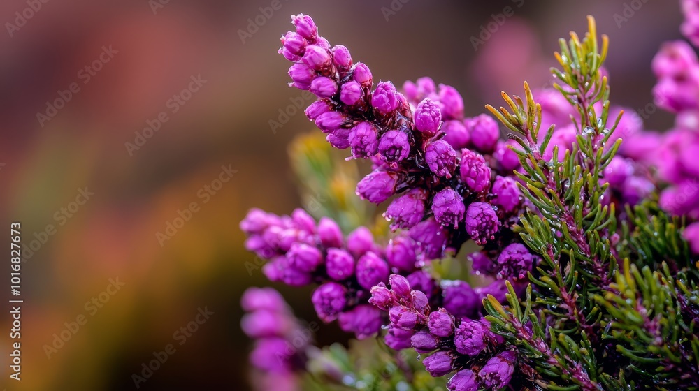A tight shot of purple blooms on a tree branch against a hazy backdrop of green leaves and purple flowers A tight shot of purple blooms on a tree branch against a hazy backdrop of green leaves and purple flowers