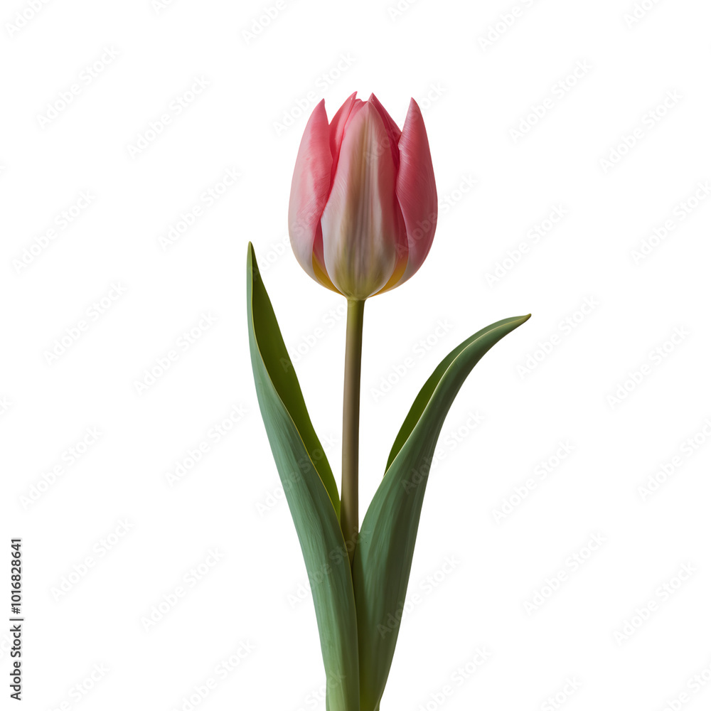 Single pink tulip with green leaf, slender stem, standing against white background Single pink tulip with green leaf, slender stem, standing against white background
