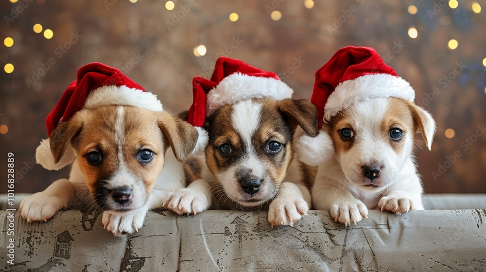 Adorable trio of puppy siblings wearing festive Santa hats pose together, their tiny paws resting on a wooden surface against a backdrop of twinkling holiday lights. Adorable trio of puppy siblings wearing festive Santa hats pose together, their tiny paws resting on a wooden surface against a backdrop of twinkling holiday lights.