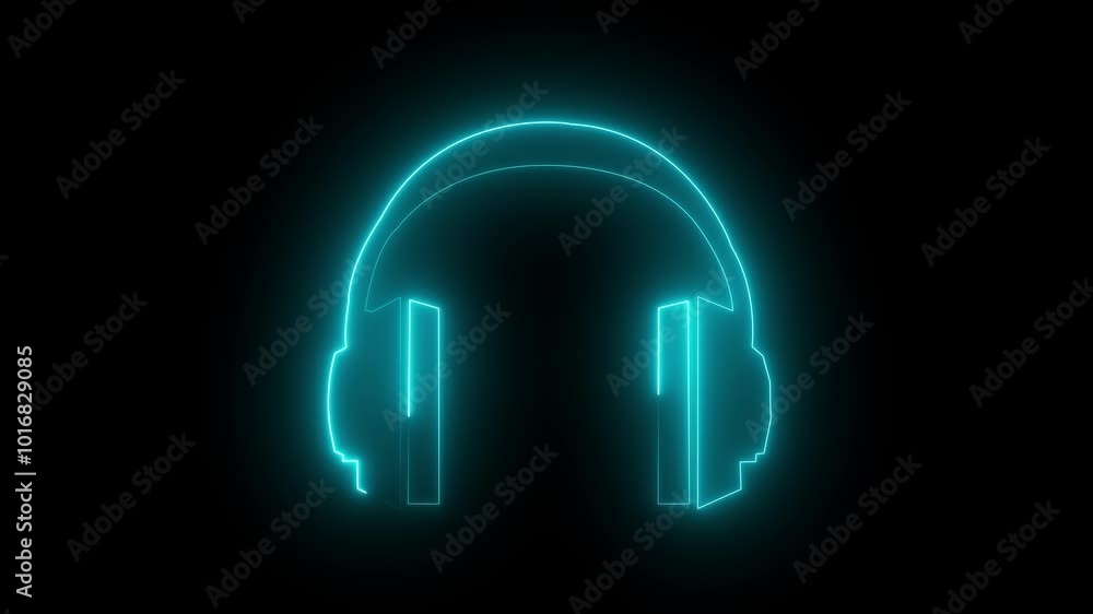 Headphone animation by cyan colored neon on black background. Headphone animation by cyan colored neon on black background.