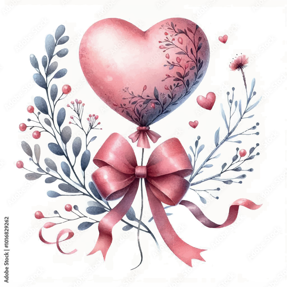 Heart-shaped balloon with floral pattern and ribbon bow, surrounded by decorative foliage Heart-shaped balloon with floral pattern and ribbon bow, surrounded by decorative foliage