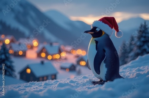 A penguin wearing a Santa hat stands in a snowy village at twilight, with cozy lights glowing in the background. Suitable for holiday cards, winter-themed marketing, and seasonal advertising