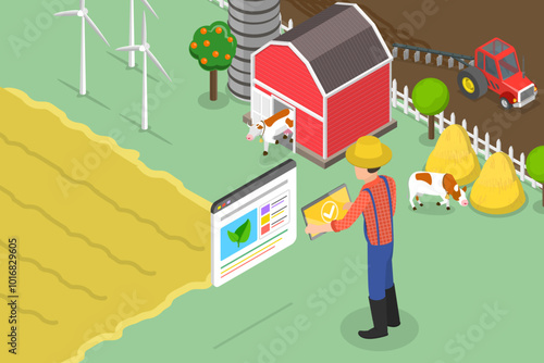 3D Isometric Flat Vector Illustration of Smart Farming, Farmer Utilizing Technologies For Field Control And Monitoring