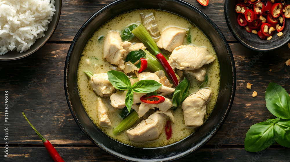 Green Curry Delight, vibrant green curry featuring tender chicken, crunchy bamboo shoots, aromatic Thai basil, a flavorful culinary experience Green Curry Delight, vibrant green curry featuring tender chicken, crunchy bamboo shoots, aromatic Thai basil, a flavorful culinary experience