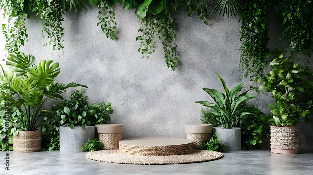 Greenery Filled Botanical Podium Display with Natural Textures and Organic Elements Emphasizing a Sustainable Eco Friendly Aesthetic for Minimalist Interior or Product Presentation Greenery Filled Botanical Podium Display with Natural Textures and Organic Elements Emphasizing a Sustainable Eco Friendly Aesthetic for Minimalist Interior or Product Presentation