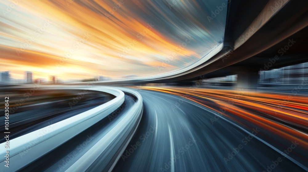 Highway overpass motion blur effect with modern city background Highway overpass motion blur effect with modern city background