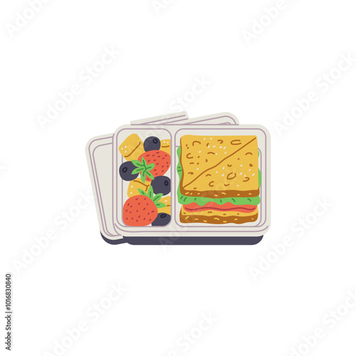 Opened bento box with food, vector lunchbox with sandwich, berries and fruit pieces, divided plastic container with lid