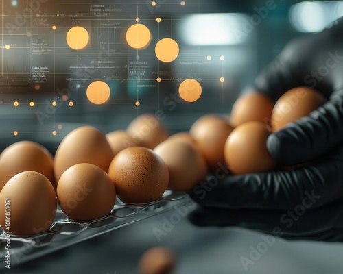 AI-driven feed system adjusting nutrition based on egg production data to enhance yield and health, AI feed optimization, Efficient, data-driven, innovative photo