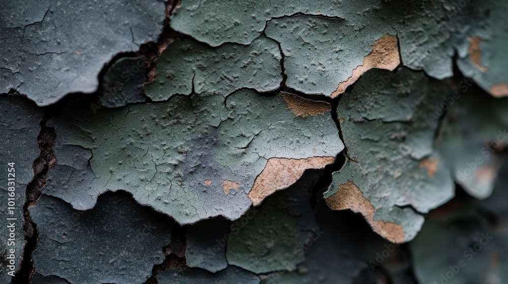A tight shot of tree bark, painted green and brown, with scattered brown spots A tight shot of tree bark, painted green and brown, with scattered brown spots