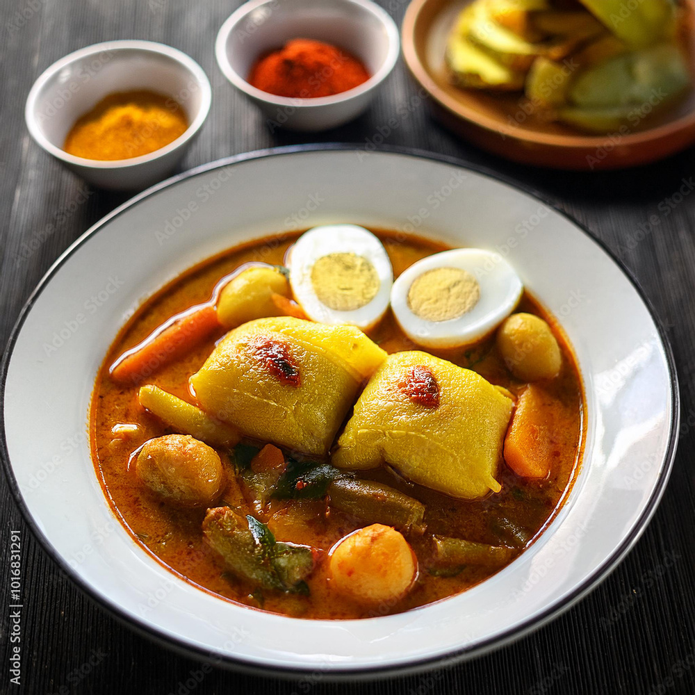 Lontong in Coconut Curry with Vegetables Lontong in Coconut Curry with Vegetables