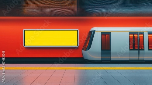 A sleek modern train at a vibrant subway platform featuring bold red and yellow colors, perfect for urban transport visuals. photo