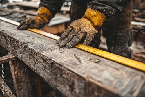 Close-up of a Worker's Hand Measuring Wood with a Ruler