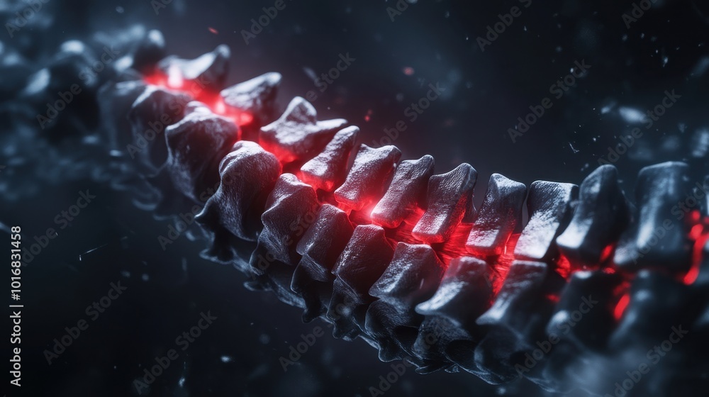 3D illustration of a human spine with red highlighted areas in the ...