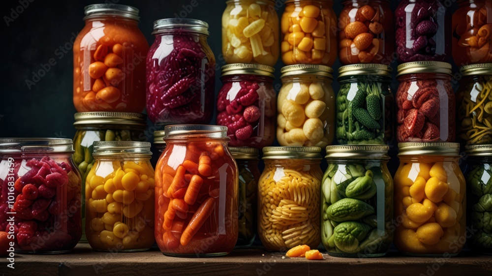 A colorful collection of preserved vegetables and pasta in glass jars, arranged in a pyramid shape on a wooden table. A colorful collection of preserved vegetables and pasta in glass jars, arranged in a pyramid shape on a wooden table.