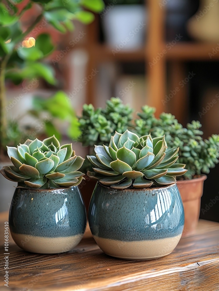 Succulents in Blue and White Ceramic Pots on Wooden Table Succulents in Blue and White Ceramic Pots on Wooden Table